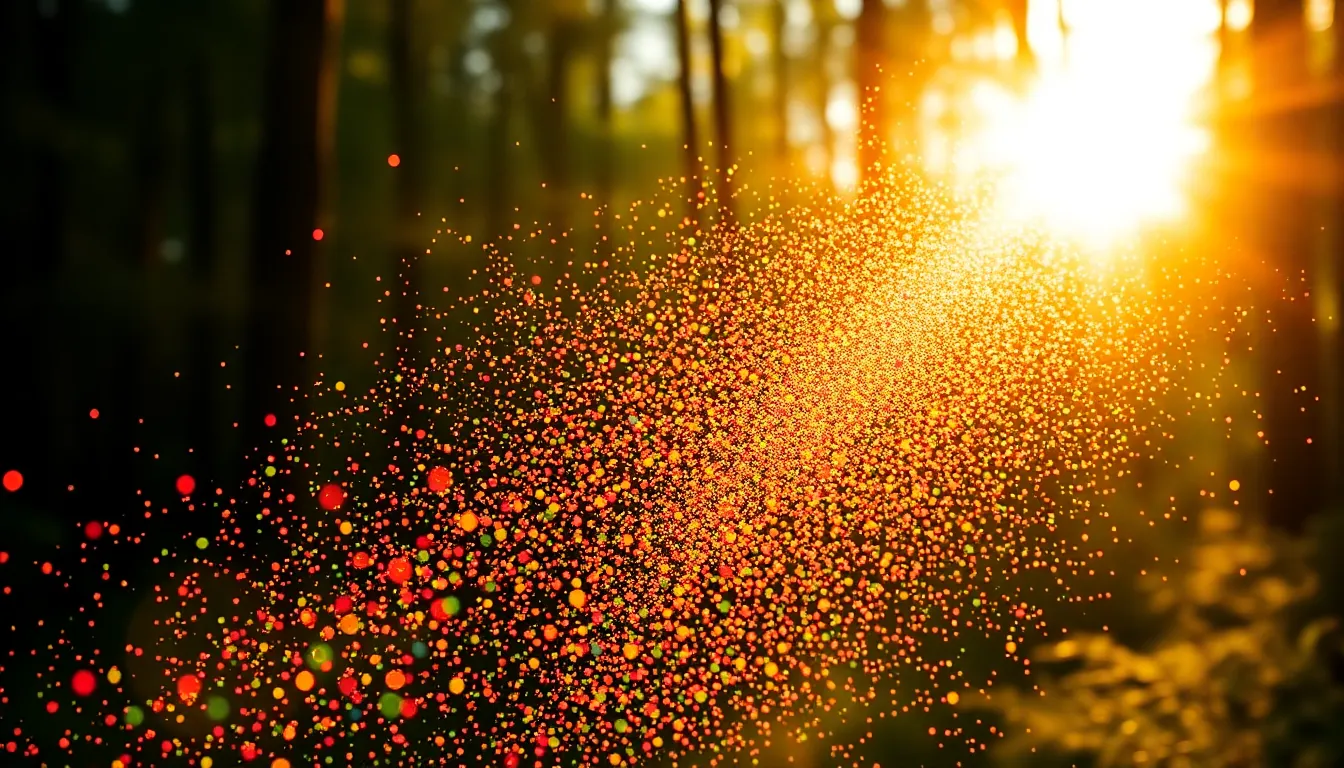 Colorful Particles in Golden Hour Forest