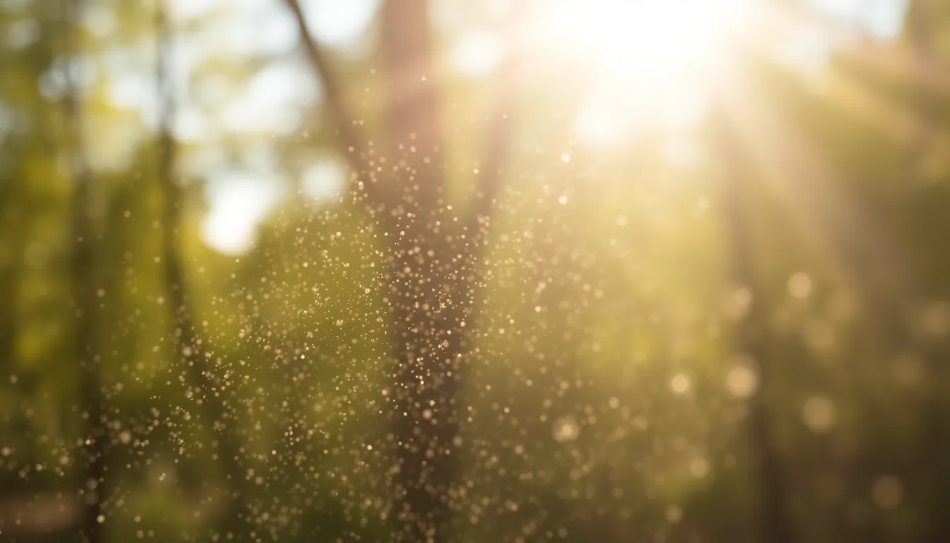 Morning Sunlit Dust Particles A captivating scene showcasing fine dust particles suspended in the air, illuminated by soft morning sunlight filtering through the trees. The natural lighting enhances the delicate texture of the particles, creating a serene and calming atmosphere. With a hyperfocal depth of field, the image maintains sharpness throughout, inviting viewers to explore the serene setting. The neutral colors of white and gentle gold add to the tranquil mood, making it an ideal representation of nature's beauty.
