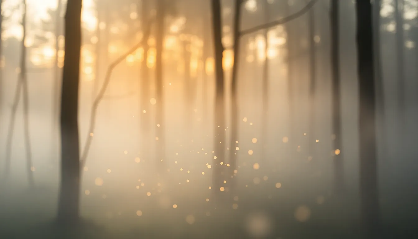 Luminous Particles in Misty Forest This serene image captures luminous particles drifting through a misty forest at dawn, where soft light filters through the fog. The natural muted tones reflect the peaceful ambiance of the setting. With sharp detail from foreground to background, the composition uses leading lines created by the particles to draw the viewer's gaze deeper into the tranquil environment. This photograph beautifully illustrates the harmony of light and nature.