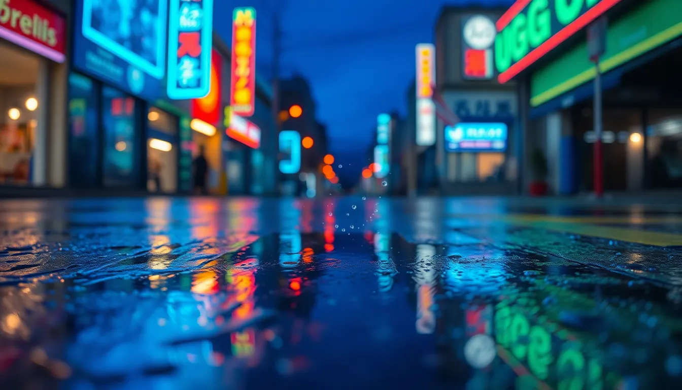 Neon Reflections and Dancing Particles This dramatic photograph features vibrant blue neon signage reflecting off wet pavement, creating a colorful backdrop. Particles of water dance in the moisture, adding a dynamic element to the scene. The hyperfocal sharpness showcases detail from the foreground to the background, while the saturated colors enhance the overall mood. The centered composition draws viewers into the shimmering reflections, merging the worlds of reality and abstraction beautifully.