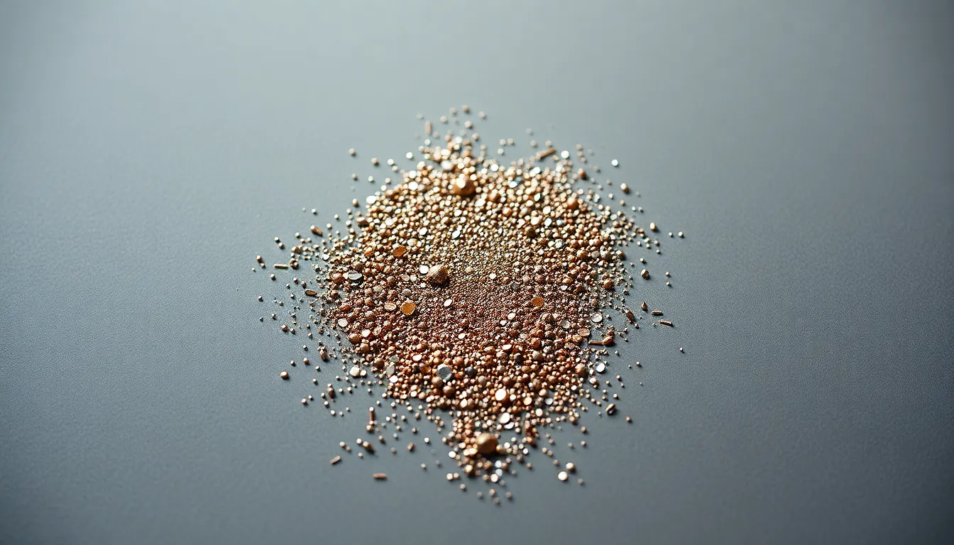 Intricate Patterns of Reflective Metallic Particles This high-resolution image showcases intricate patterns created by metallic particles reflecting light in a controlled studio environment. The well-designed three-point lighting setup enhances the texture and shimmering effect of the particles, while the muted greys and browns create a sophisticated aesthetic. The symmetrical composition allows for a balanced viewing experience, emphasizing the beauty of form and light interplay. This image speaks to those who appreciate modern abstract art and design.