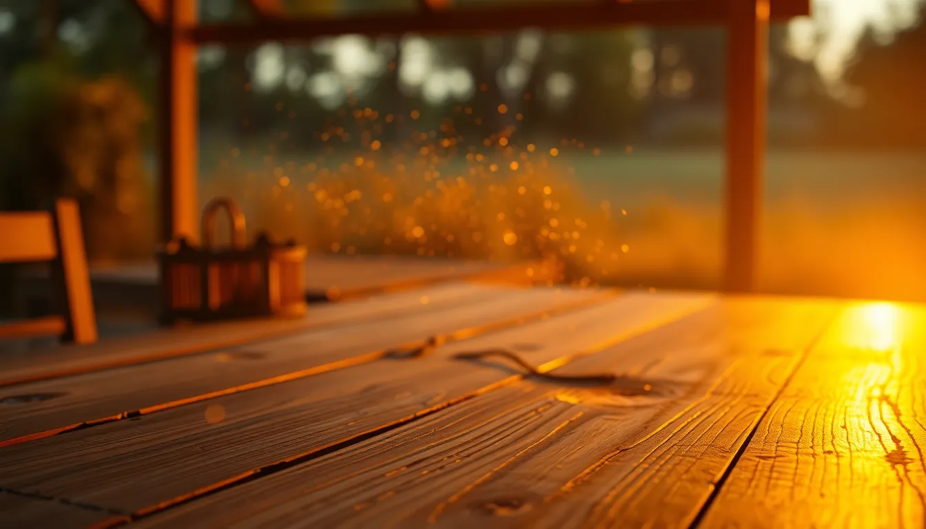 Particles Floating Against a Sunset Sky This breathtaking image captures particles floating gracefully against the backdrop of a stunning sunset. The warm rim lighting highlights the edges of each particle, creating a dramatic contrast against the cool teal sky. The natural grain of the weathered oak surface adds texture and depth, making it relatable and inviting. Leading lines draw the viewer's gaze toward the swirling particles, enhancing the sense of motion and life in this serene yet dynamic scene.