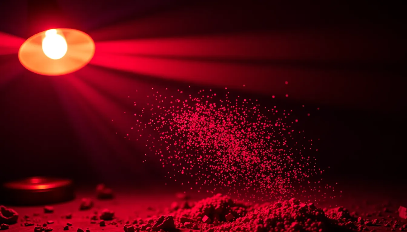 This image depicts a mesmerizing display of swirling particles illuminated by a warm tungsten lamp in a dark room. The deep reds and blues saturate the atmosphere, creating a dramatic contrast that enhances the visual impact. Selective focus highlights the intricate details of the particles, while the leading lines formed by the light beams guide the viewer's gaze. The overall composition possesses a sense of depth and intrigue, ideal for abstract visual storytelling.