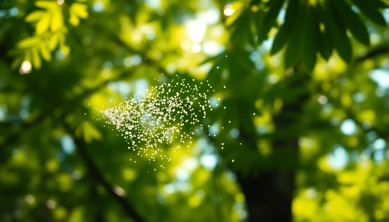 This enchanting image captures the delicate dance of particles illuminated by golden sunlight streaming through a lush green canopy. The vibrant colors of the foliage complement the sparkling particles, creating a magical, immersive atmosphere. With a soft bokeh effect in the background, this photograph draws attention to the luminous particles, positioned artfully according to the rule of thirds. Perfect for nature lovers and abstract art enthusiasts seeking inspiration from the beauty of the outdoors.