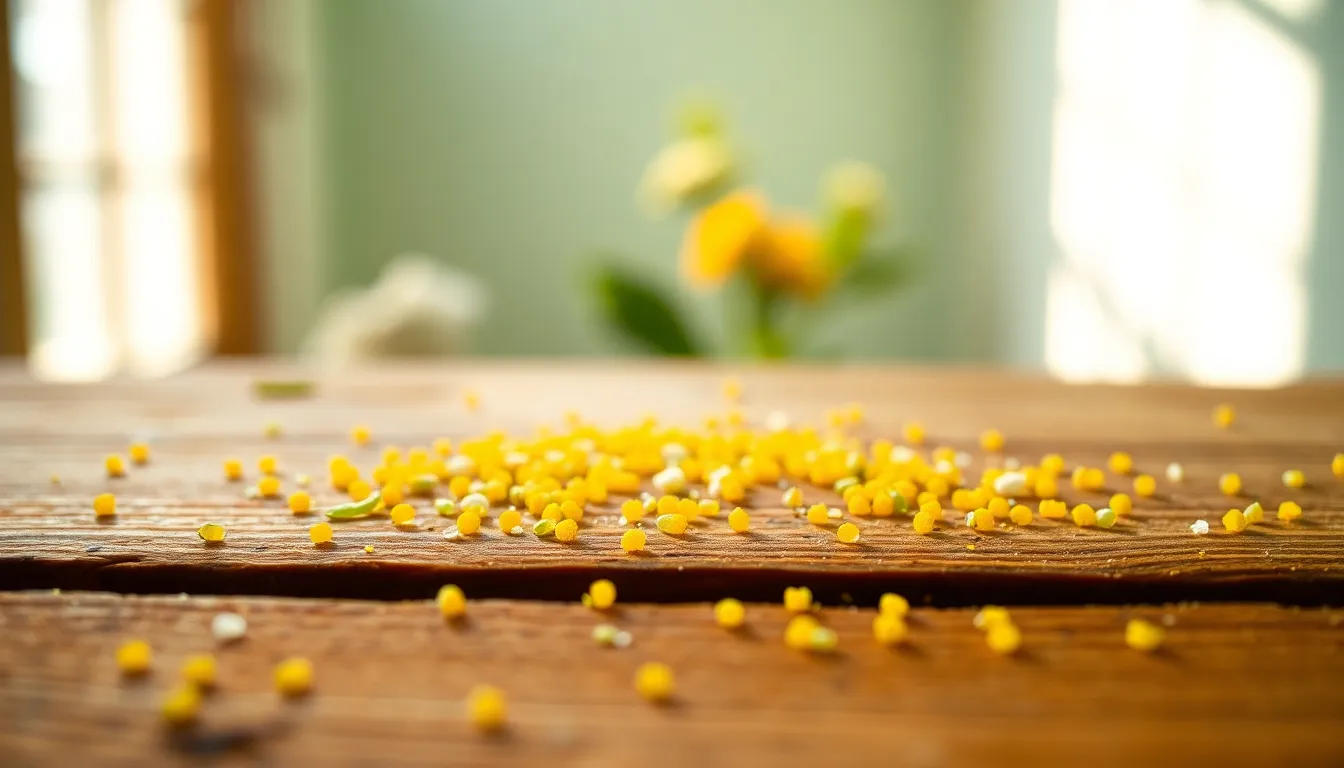 Colorful Pollen Particles on Wood