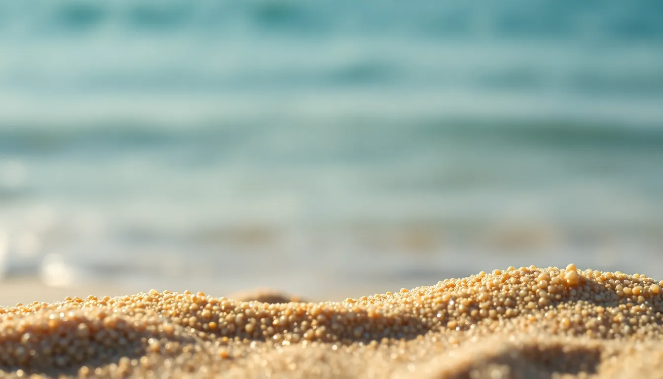 Glimmering Sand Particles on a Sunlit Beach This beautiful image depicts fine sand particles sparkling under warm sunlight on a tranquil beach. The shallow focus highlights the texture of each grain, while the soft blue hues of the ocean create a soothing background. The interplay of light and color evokes relaxation and warmth, ideal for coastal and vacation themes. This photograph showcases the natural beauty of a simple beach scene, inviting viewers to immerse themselves in a serene moment.