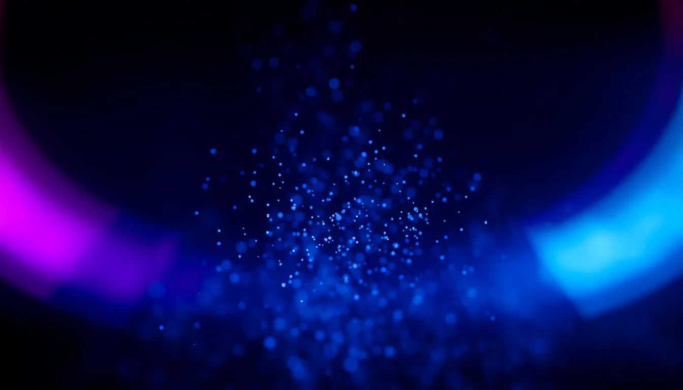 Vibrant Swirling Light Particles An enchanting display of vibrant swirling light particles in a dark setting, illuminated by dynamic colored gels. The colors of magenta, cyan, and electric blue create an electric atmosphere, while the soft depth of field enhances the mesmerizing quality of the particles. The composition draws the viewer in, as the particles radiate outward, evoking a sense of movement and energy. Perfect for abstract art enthusiasts and visually striking presentations.