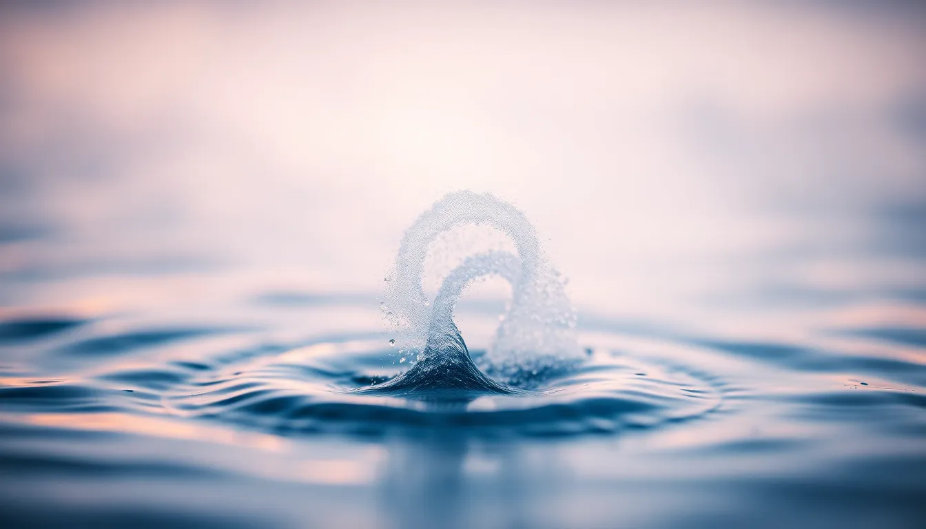 Dusk Water Mist Particles An ethereal depiction of fine mist particles rising from a shimmering water surface at dusk, illuminated by the soft ambient twilight light. The gradient of pastel colors—lavender, peach, and light blue—enhances the dreamlike quality of the scene. With a shallow depth of field, the focus is sharply on the particles, while a creamy bokeh adds to the serenity of the composition. This image embodies tranquility and the beauty of nature, perfect for calming visual presentations.