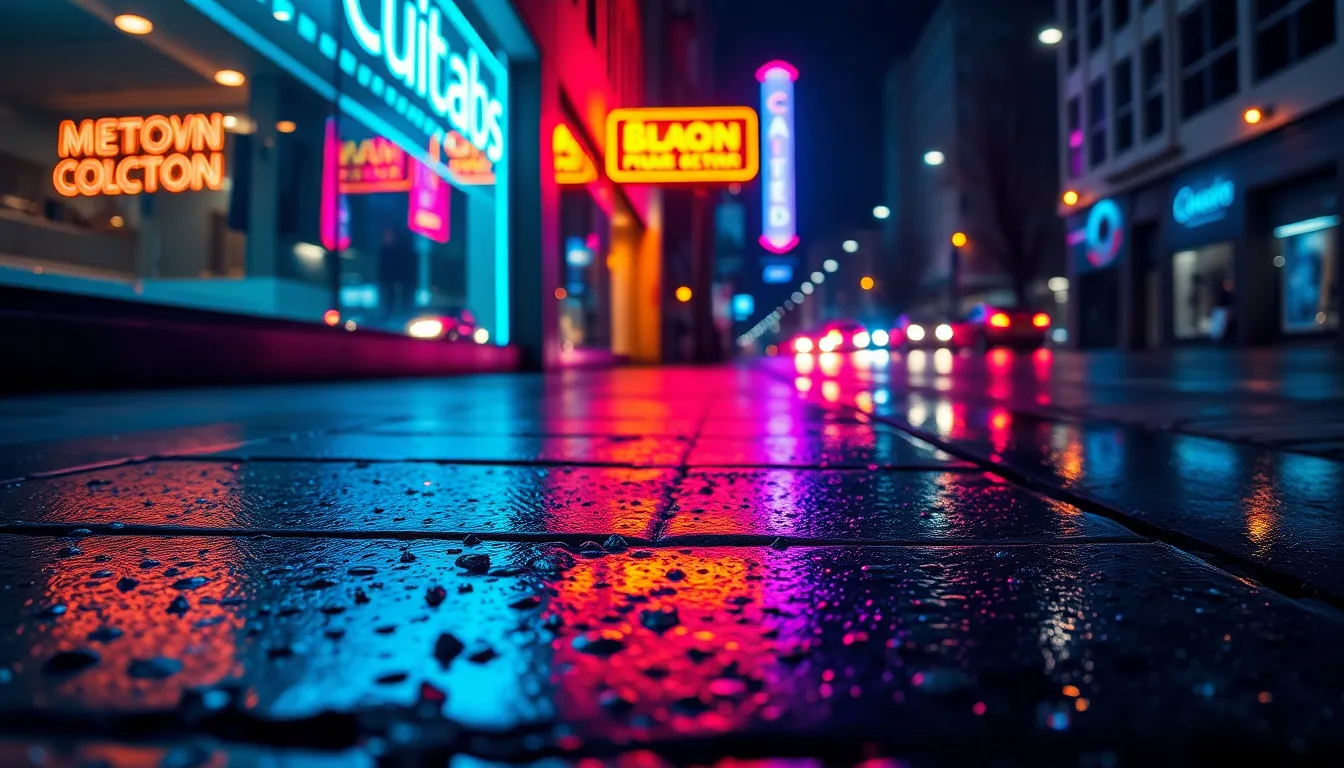 Urban Night Particles with Neon Reflections