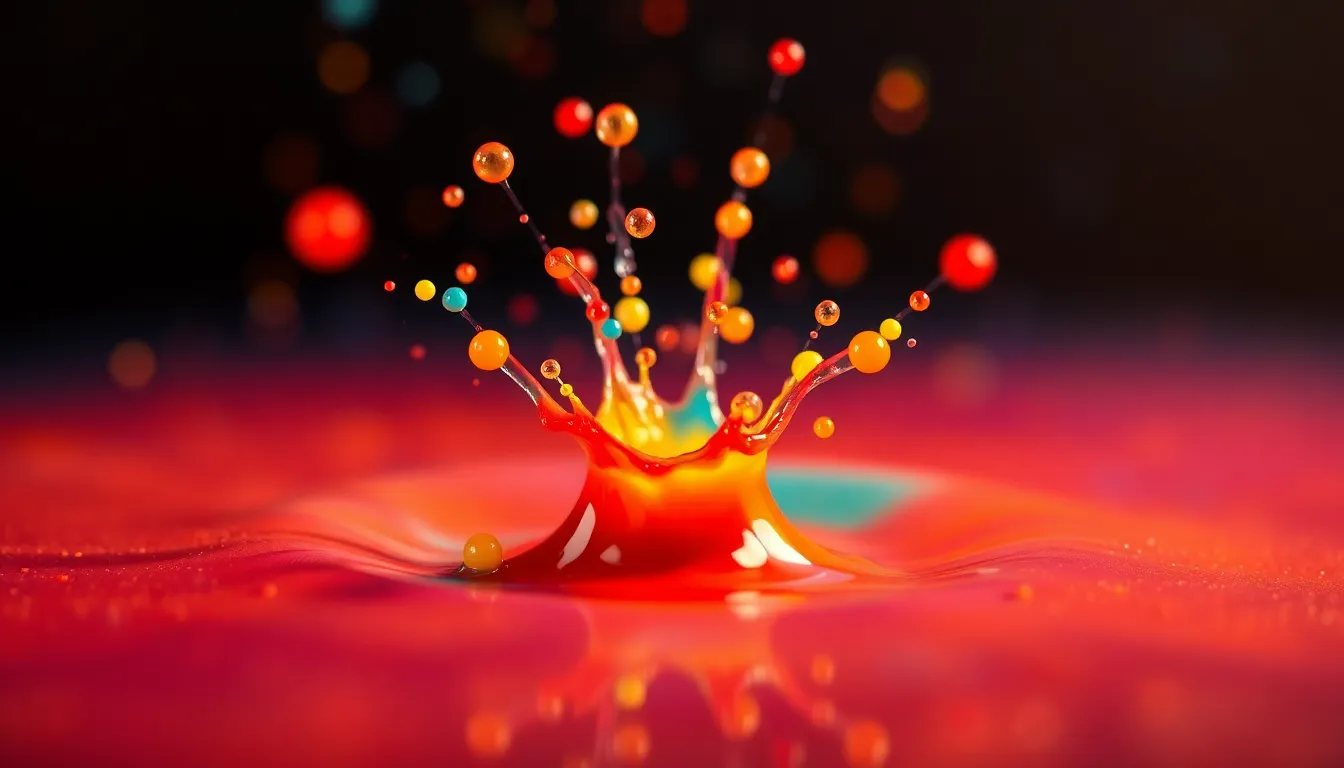 Vibrant Liquid Splash with Particles This dynamic image captures a high-speed moment of a colorful liquid splash, showcasing vibrant particles in motion. The bold reds, blues, and yellows convey energy and excitement, while the soft background draws attention to the intricate details of the splash. This abstract composition is designed to evoke a sense of movement and creativity, with glossy textures creating a striking visual contrast. Perfect for commercial use in artistic projects.