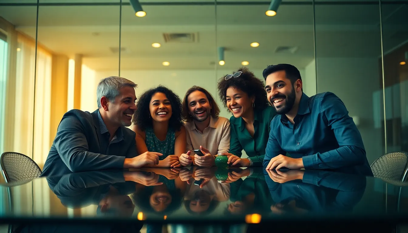 This vibrant image captures a diverse team of colleagues actively engaged in a brainstorming session around a modern glass conference table. Warm overhead lighting enhances their animated expressions while drawing attention to their collaboration. The blurred background adds depth, making the scene feel dynamic and lively, fitting for themes of teamwork and innovation in corporate environments.