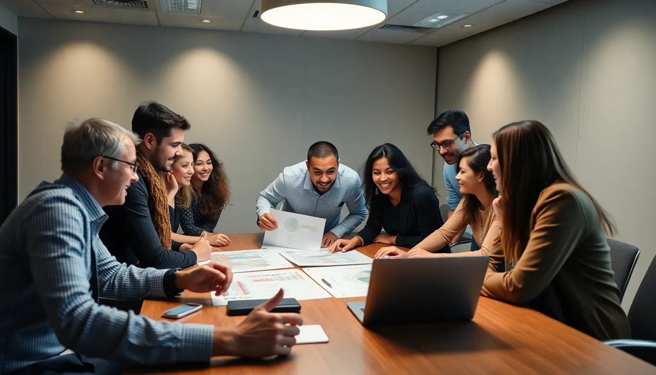 This dynamic image captures a diverse team of professionals collaborating in a modern conference room, filled with energy and creativity. They are engaged in an animated discussion highlighted by the overhead lighting, which casts focused illumination on their expressions. Charts and a laptop are spread across the table, contributing to a sense of collaboration. The warm and cool tones blend harmoniously, creating an inviting atmosphere that encourages teamwork and innovation.