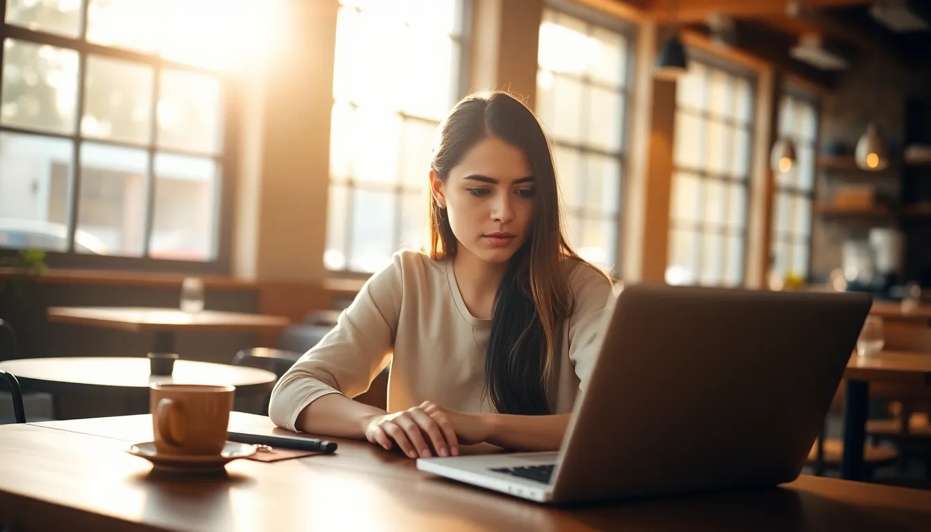 This image captures a determined Hispanic woman immersed in her work at a cozy coffee shop. Natural sunlight floods in, illuminating her laptop and creating a soft bokeh effect in the background. The warm tones of the wood furniture and coffee bring a sense of comfort and focus to the scene, making it relatable for anyone involved in remote work. The composition effectively utilizes the rule of thirds, emphasizing her dedicated expression.