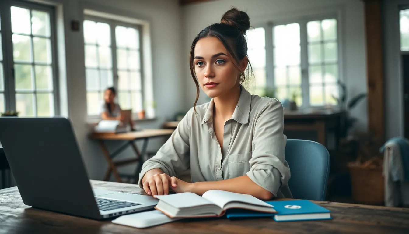 This image features a young woman deeply focused on her work at a rustic wooden desk, surrounded by notebooks and an open laptop. Soft, diffused daylight streams through large windows, illuminating her determined expression and creating a serene atmosphere. The natural muted tones and textured surfaces enhance the professional yet comfortable vibe, making it ideal for lifestyle representations of remote working.