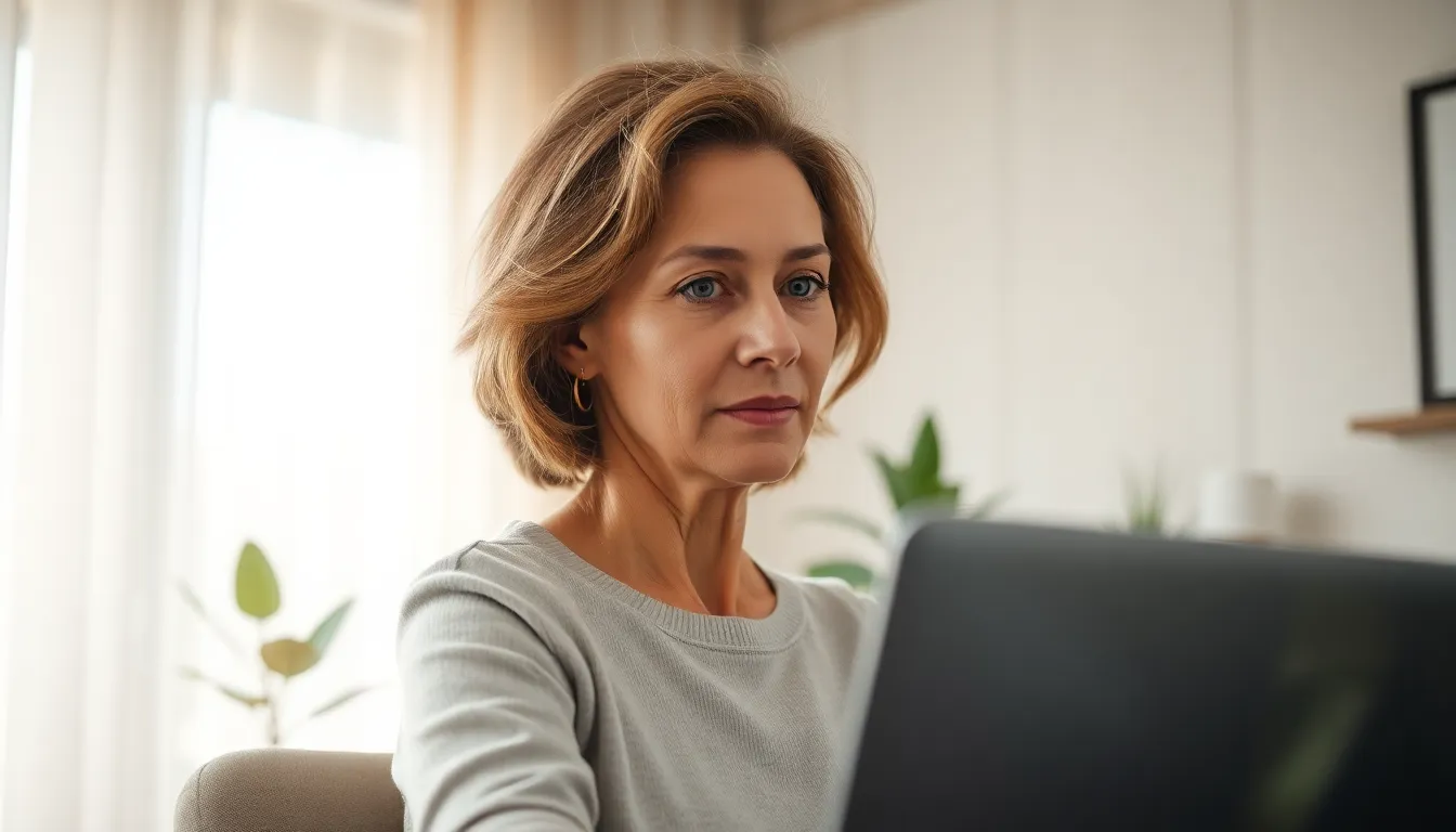In a cozy home office, a middle-aged Caucasian woman is engaged in a virtual meeting, her expression focused and attentive. Soft daylight filters through sheer curtains, creating a calm and inviting environment. The natural muted tones of the room complement her warm skin tone, fostering a sense of comfort. This image encapsulates the modern work-from-home lifestyle, highlighting the balance of professionalism and personal space.