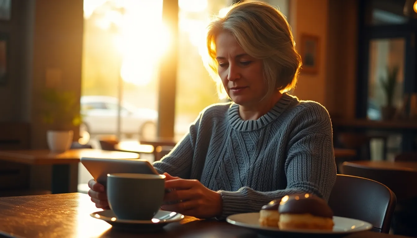 This inviting image portrays a middle-aged woman effortlessly working on her tablet in a sunlit cafe, dressed in a cozy knit sweater. The golden hour lighting wraps around her, adding warmth to the scene, while soft focus on the background creates an intimate feel. The overall atmosphere promotes a relaxed approach to productivity, ideal for lifestyle and café culture.