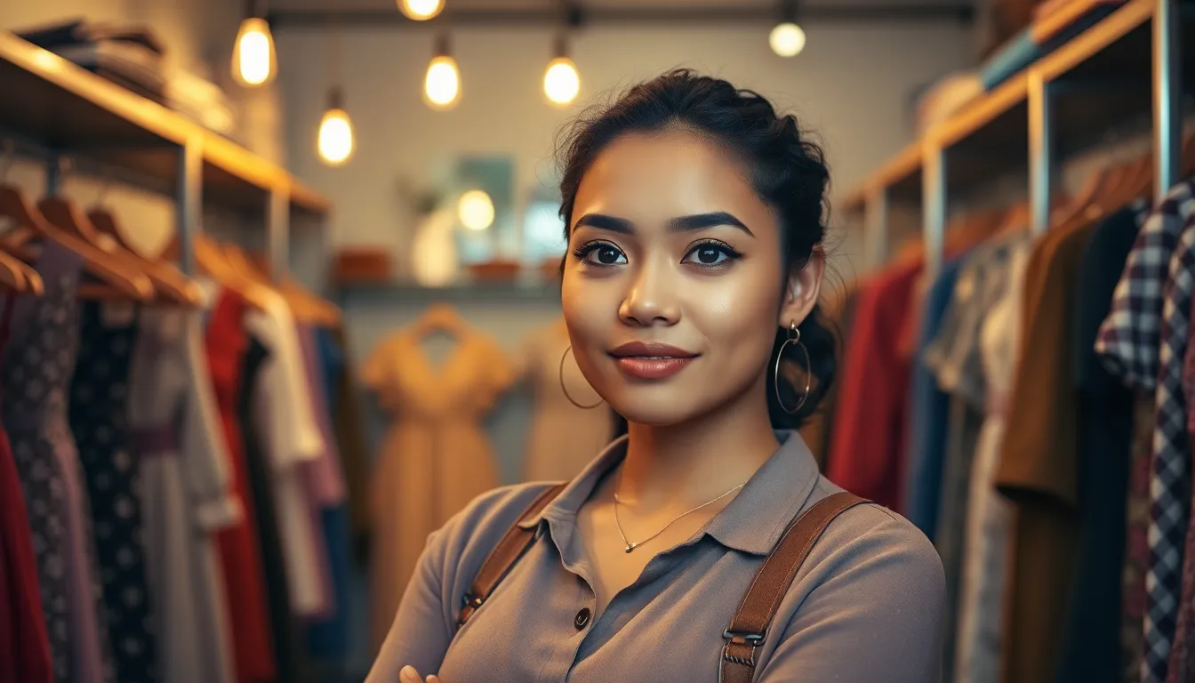 In a vibrant clothing boutique, a young Latina entrepreneur stands confidently amid her stylish displays, embodying the spirit of entrepreneurship. Warm lighting from vintage-style bulbs enhances the inviting atmosphere, casting a soft glow on her face. The background fades into a dreamy bokeh, allowing her personality to shine. The image symbolizes creativity, confidence, and the passion of small business owners in the fashion industry.