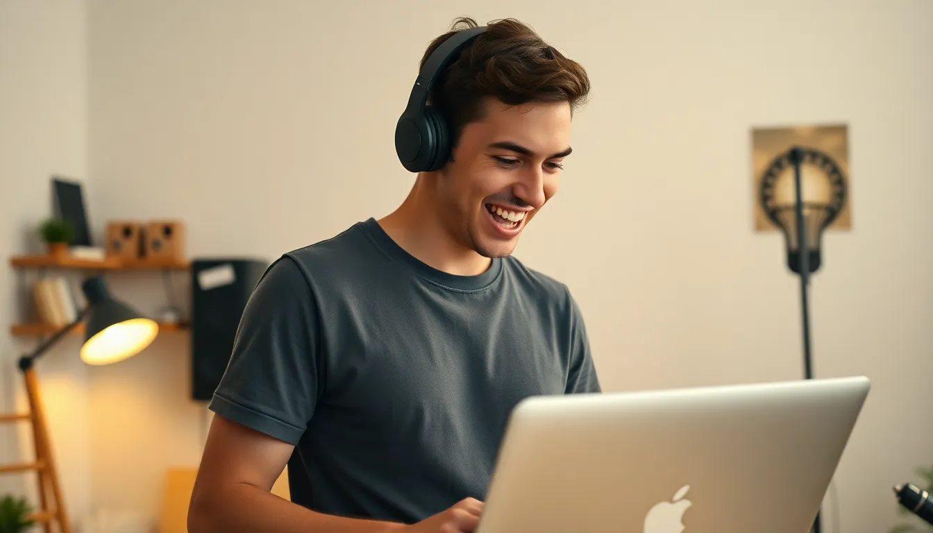 In this dynamic image, a young man immersed in a video call exhibits enthusiasm as he discusses ideas while standing in a minimalist studio. The practical warm lighting and shallow depth of field create a focused environment around him, enhancing his expressive engagement. The composition captures his vibrant demeanor amidst a creative backdrop, making it suitable for lifestyle representations in digital communication.