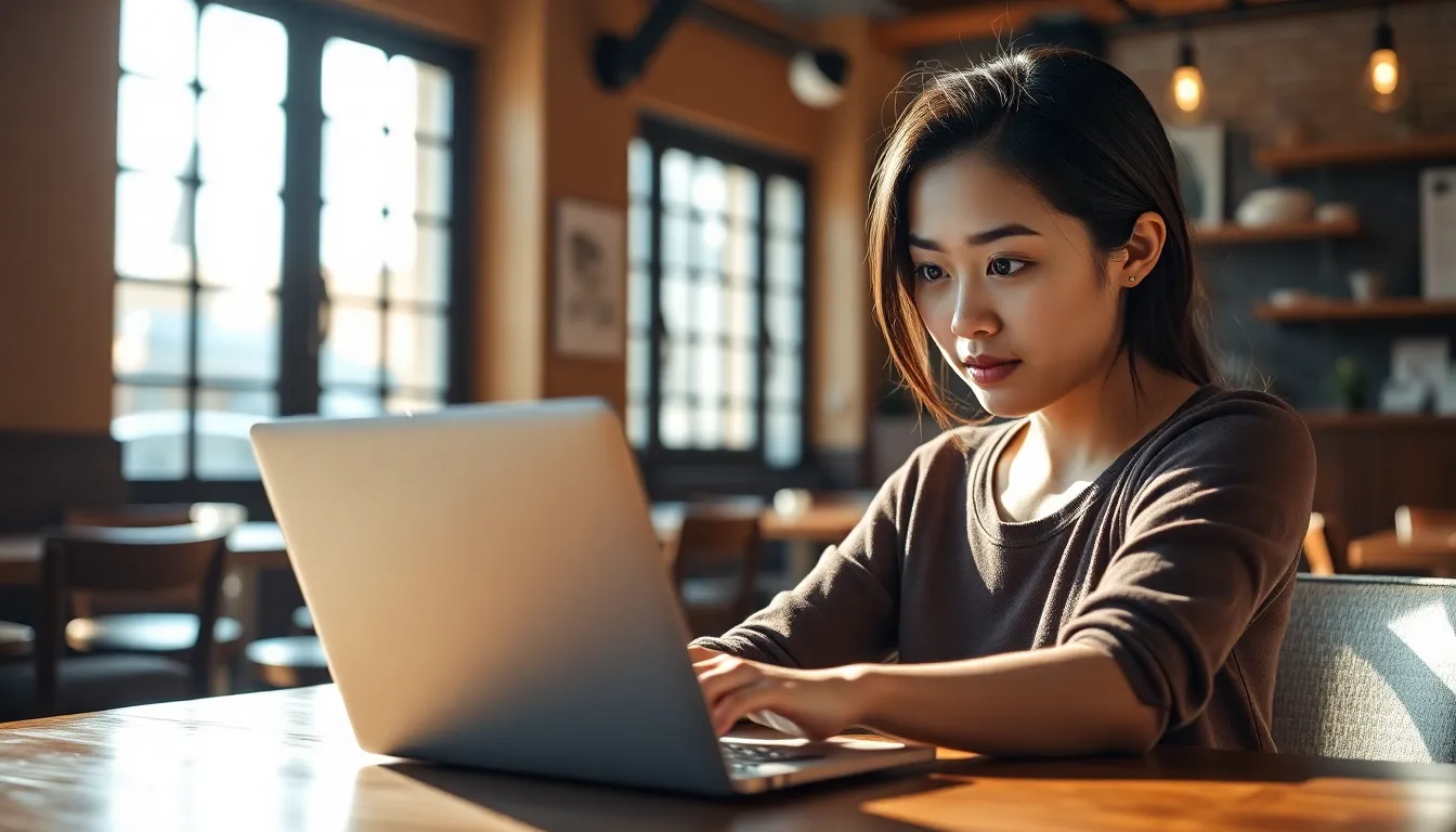 In a cozy coffee shop, a young Asian woman focuses intently on her laptop, surrounded by the warm ambiance created by natural light. The soft shadows dance across her face, highlighting her concentration. Rich mahogany furniture adds depth to the scene, contrasting beautifully with her warm skin tones. The image encapsulates the lifestyle of modern remote work in a relaxed yet productive setting.