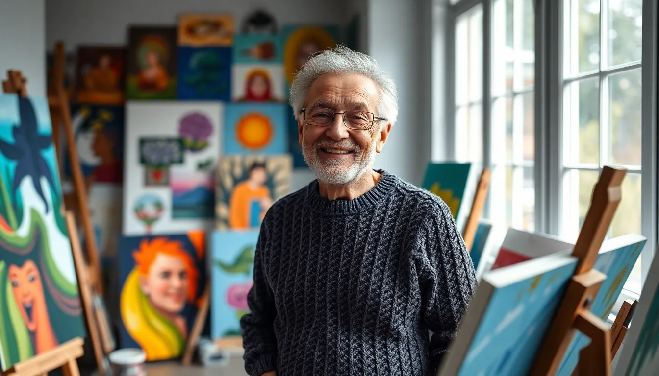 This lively image features an elderly man joyfully painting in his bright studio filled with colorful canvases. Diffused daylight streams in from large windows, providing even lighting that accentuates the vivid colors of his artwork. The heartwarming scene is designed to inspire creativity and passion for art, ideal for lifestyle representations celebrating the joy of creating.