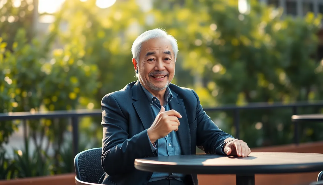 This striking image features an older Asian man in deep conversation on his mobile phone, set against a backdrop of lush greenery. The late afternoon sun bathes the scene in warm light, casting soft shadows and creating an inviting atmosphere. His smart-casual outfit suggests a blend of professionalism and comfort. The centered composition emphasizes his engagement, making this a relatable depiction of modern communication in a tranquil setting.