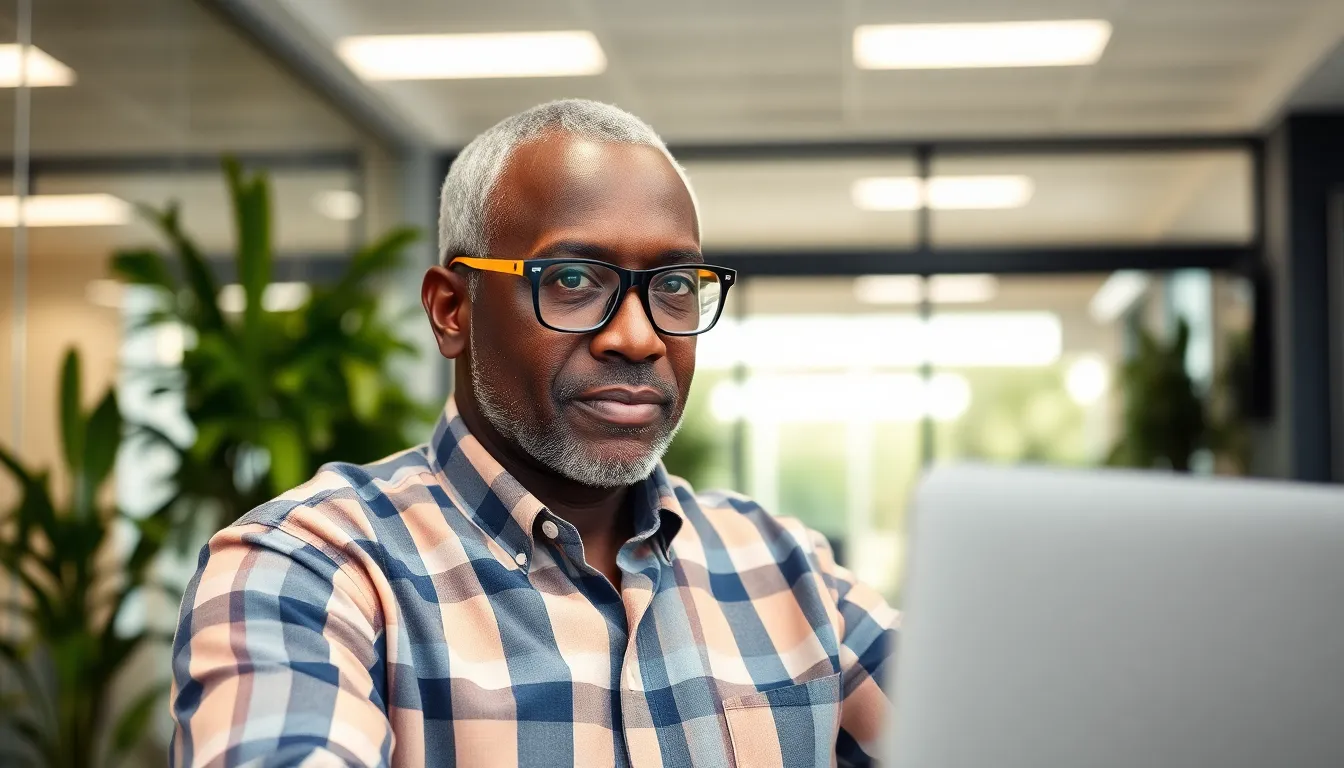 In a sleek modern office, an older Black man works diligently at his desk, surrounded by large glass walls and vibrant greenery. His concentration is palpable, as he reviews important documents on his computer. The bright, even lighting highlights the textures of his plaid shirt and the sleek office environment, portraying a sense of professionalism and focus. This image represents the dedication and expertise of mature professionals in contemporary workplaces.