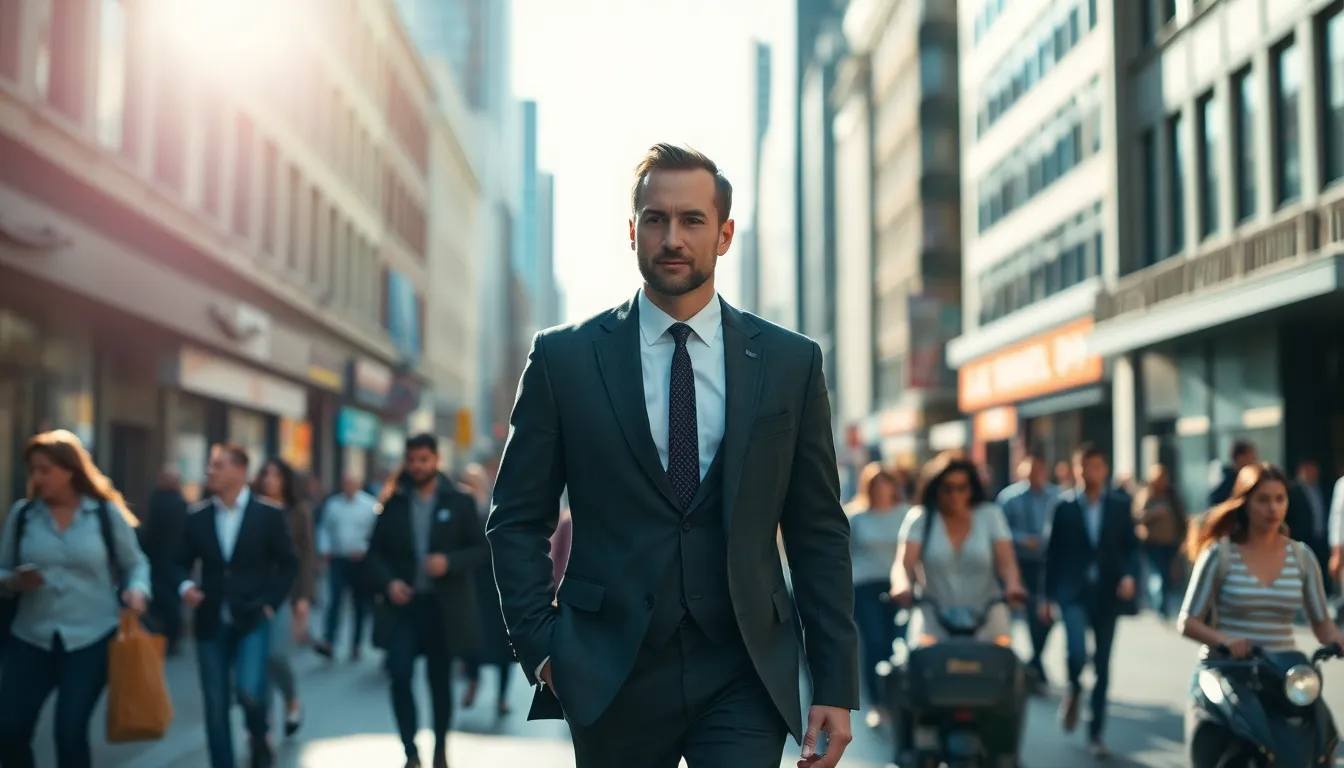 A businessman strides confidently through a vibrant urban street filled with activity, captured in sharp detail with dramatic sunlight casting shadows. The scene is dynamic, infused with the energy of city life, while the man’s tailored suit contrasts beautifully with the deep greens of the surrounding architecture. The composition draws attention to his purposeful movement, symbolizing determination and success.