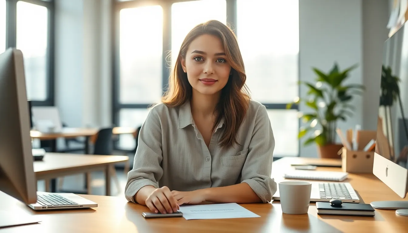 Focused Woman Working in Cozy Coffee Shop