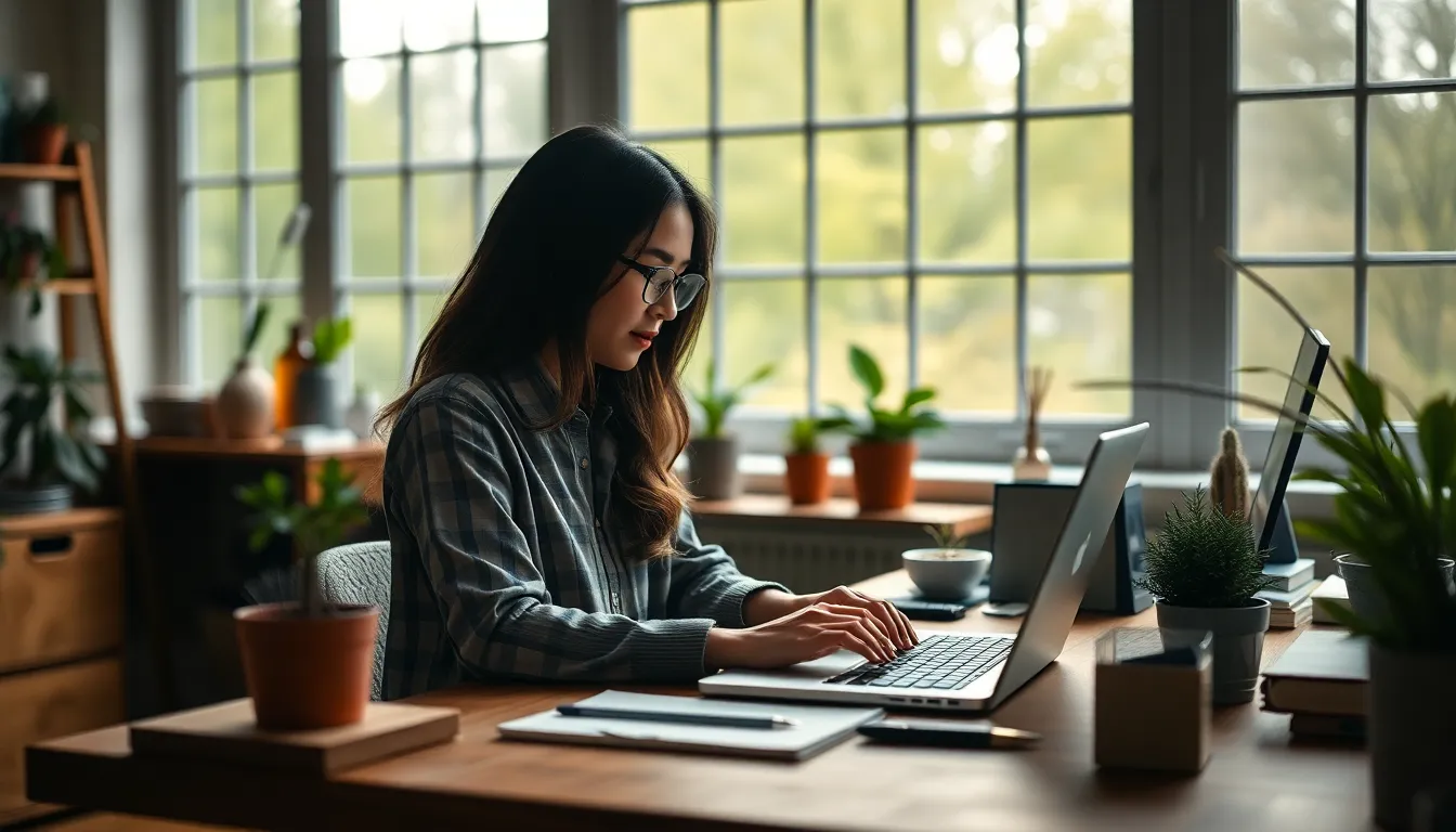 A focused young woman engages deeply with her laptop in a modern office setting, illuminated by soft, diffused daylight. Surrounded by greenery and organized workspace essentials, the image conveys a serene yet productive atmosphere. The warm earth tones and bokeh effect enhance the sense of depth, inviting viewers to appreciate the details of her environment.