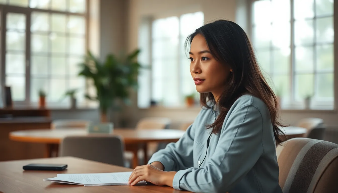 A focused businesswoman sits at a modern desk, typing on a laptop. The scene is softly illuminated by diffused daylight streaming through large windows, creating a calm and productive atmosphere. The warm pastel color palette enhances the inviting feel, while the blurred background accentuates her concentration. Natural wooden textures of the desk complement the soft fabric of her clothing, adding warmth and depth to the composition.