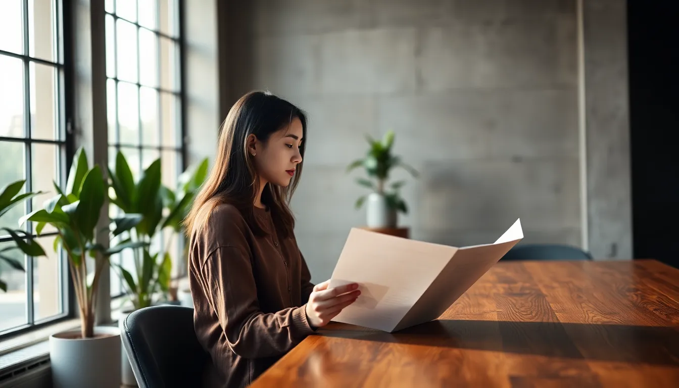 In a contemporary office, a young woman peruses reports on a polished wooden table, bathed in soft, diffused daylight. With touches of greenery in the background, the scene evokes a calm work environment. The natural muted tones enhance the sophisticated atmosphere, while the focus remains sharp throughout, capturing every detail of the chic space. This image is perfect for illustrating a modern professional lifestyle.