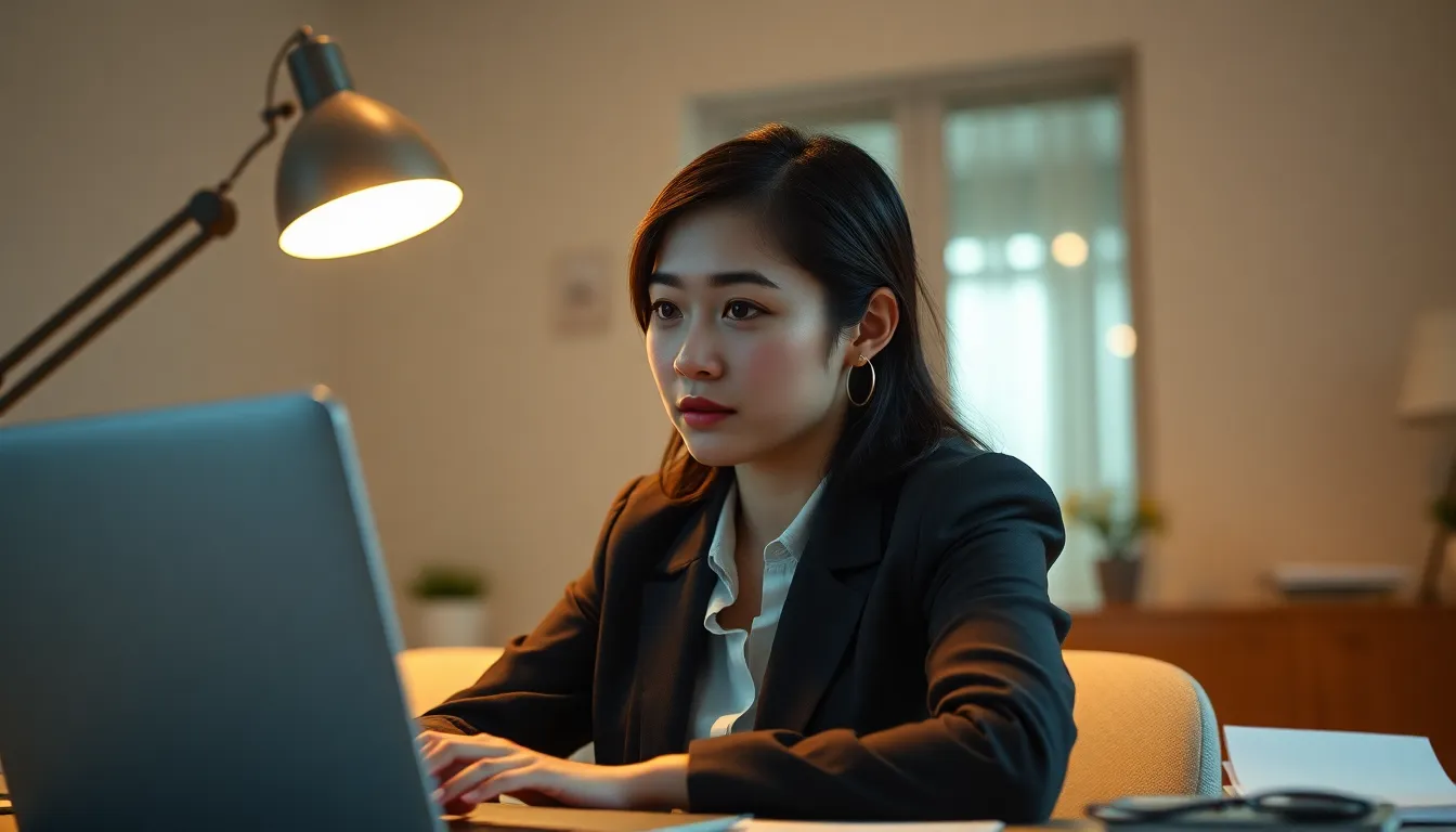 This image features a focused woman in a cozy home office, deeply engaged in typing on her laptop. The warm glow from a tungsten desk lamp creates an inviting atmosphere, enhancing the natural wood textures of the desk. Surrounded by greenery, the warm Kodak Portra 400 palette adds to the serene mood, making this scene perfect for lifestyle and working-from-home themes.