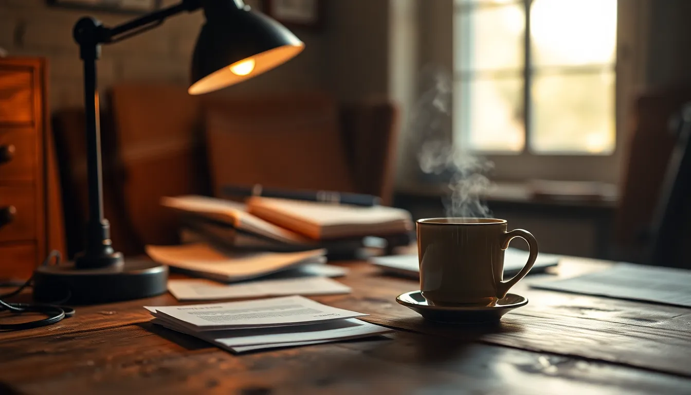 A focused professional sits at a rustic oak desk in a cozy office, illuminated by warm light from a nearby desk lamp. The subject, a middle-aged woman with natural skin texture and subtle freckles, is wearing a soft wool sweater as she types on a laptop. Papers and a steaming cup of coffee are scattered across the desk, creating an inviting atmosphere. The shallow depth of field draws attention to her concentration amidst a softly blurred background.