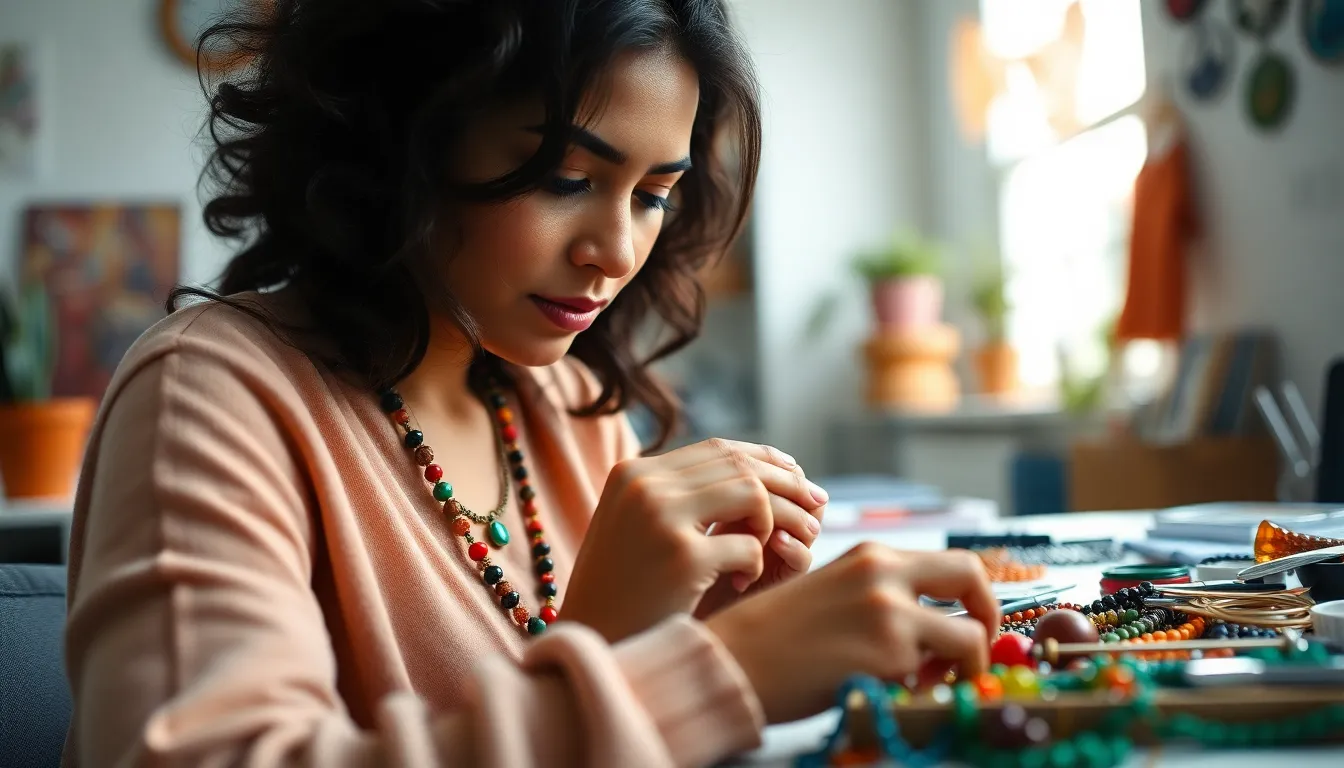 In a cheerful home office, a young Latina woman is engrossed in making handmade jewelry. The bright natural light accentuates her concentration and the colorful materials scattered across the desk. This scene captures the creative process, showcasing the details of her work and the vibrant environment that inspires her artistry.