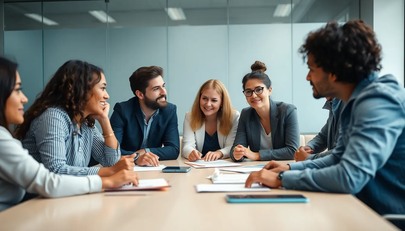 This scene features a group of diverse professionals engaged in collaboration around a modern meeting table. Soft, diffused daylight fills the room, creating an inviting atmosphere for creativity and teamwork. The selective focus adds depth, highlighting the expressions of those actively participating in the discussion. The natural muted color palette underscores the professional setting while maintaining a relaxed vibe, making it suitable for themes of collaboration and innovation.