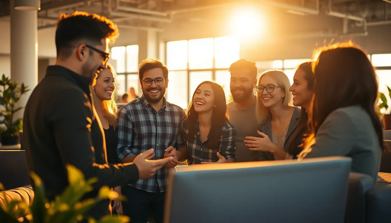 A diverse group of coworkers engages in an energetic brainstorming session in an open workspace, captured during the magical golden hour. Warm backlighting envelops their figures, adding a halo effect that enhances the collaborative spirit of the moment. The dynamic Dutch angle and soft bokeh contribute to an engaging composition, showcasing the excitement and warmth of teamwork in a modern, inviting setting.