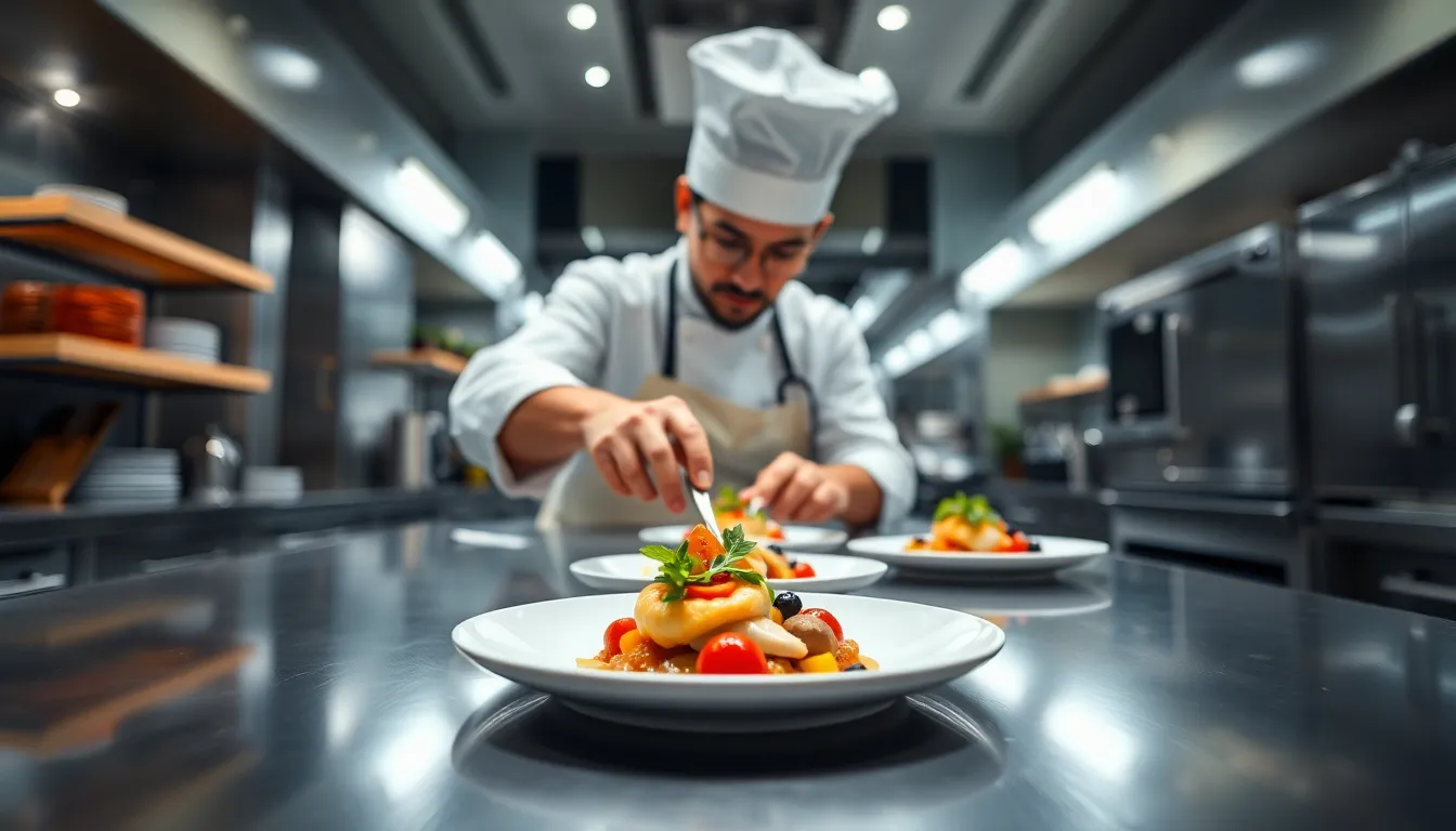 This close-up image highlights a chef engrossed in the art of plating a gourmet dish in an elegantly designed restaurant kitchen. Warm tungsten lighting creates a cozy ambiance, while the vibrant colors of the dish pop against the softer background. The use of shallow depth of field emphasizes the intricate details and textures of the dish, making it visually captivating. The luxurious feel is enhanced by rich warm tones, inviting food lovers to indulge their senses.