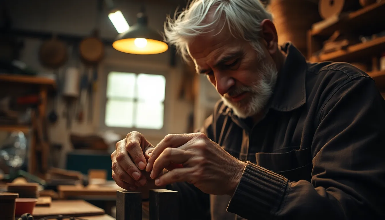 An older Hispanic man is captured in his workshop, delicately working on a handcrafted piece. The warm glow of overhead tungsten light accentuates the rich wood textures and intricate details. His skilled hands are the focal point, surrounded by a softly blurred background that adds a sense of intimacy. The overall composition celebrates craftsmanship and the beauty of artisanal work, combining warm colors for a cozy atmosphere.