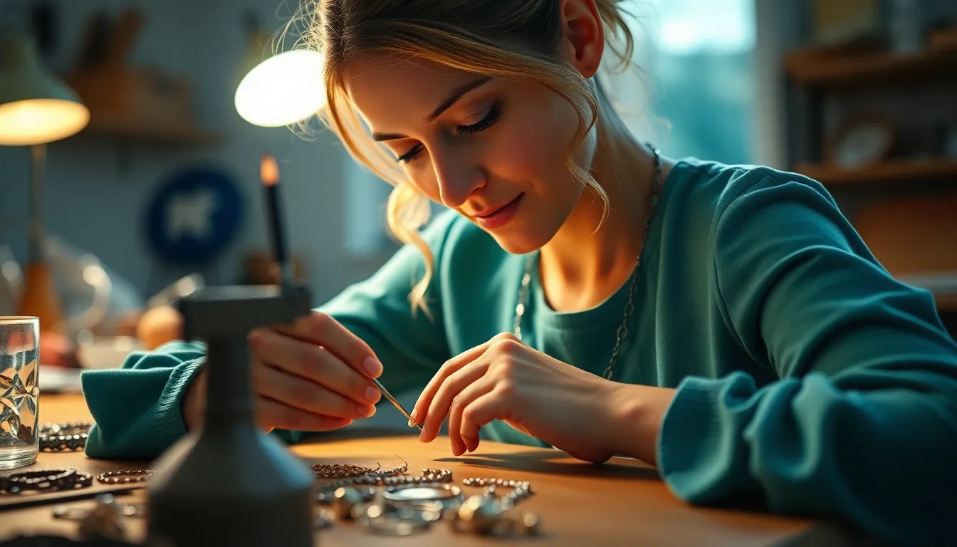 Woman Creating Handmade Jewelry in Bright Studio