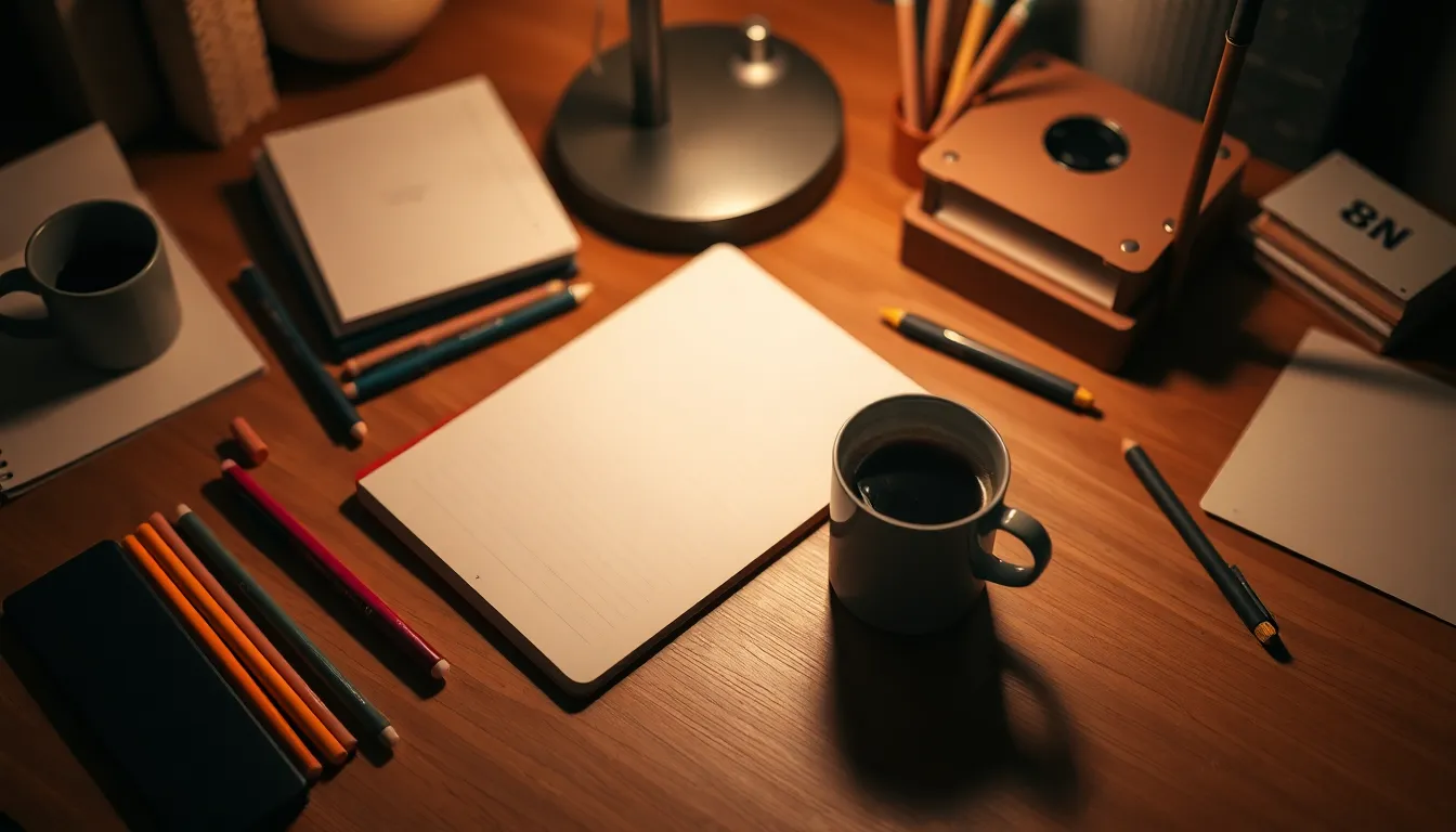 This elegant flat lay showcases a well-organized creative workspace filled with an open notebook, vibrant markers, and a steaming cup of coffee. The warm tungsten light casts an inviting glow, enhancing the rich earth tones of the materials. The meticulous arrangement offers a balanced and harmonious feel, perfect for inspiring creativity. This image captures the essence of productivity and artistic expression in a modern lifestyle.