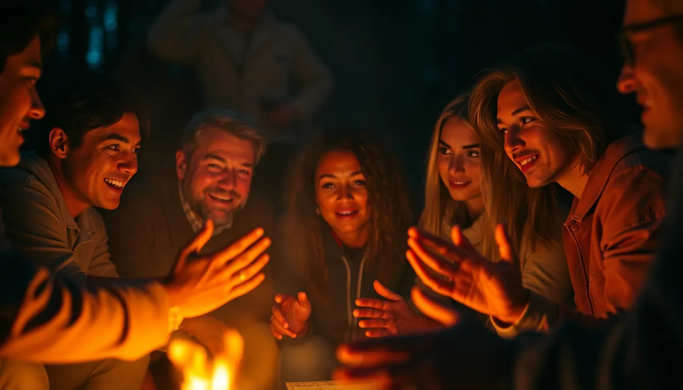 This image portrays a diverse group of colleagues sharing ideas and laughter around a cozy campfire at night. The warm glow of the firelight creates flickering shadows on their faces, adding to the intimate and relaxed atmosphere. With cinematic teal and orange grading, the scene captures the warmth of camaraderie, making it perfect for themes of teamwork and creativity in a relaxed setting.