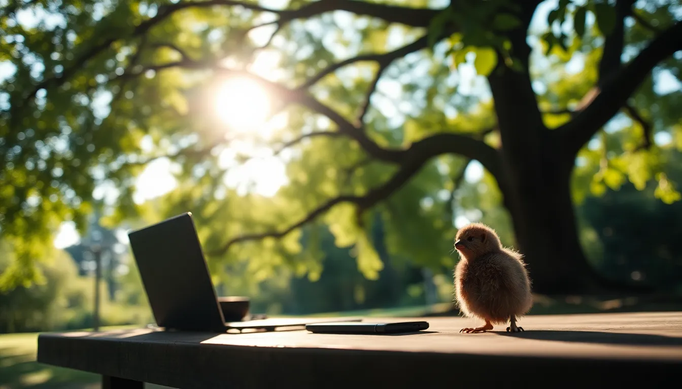 An outdoor workspace is beautifully set up beneath a large leafy tree, where a woman sits cross-legged on a soft blanket. Captivating natural colors of deep greens and rich browns bring the vibrant scene to life. Dappled sunlight filters through the foliage, creating enchanting bokeh highlights in the background. The woman, dressed in a light linen top, works intently on her laptop, harmoniously blending work and nature.
