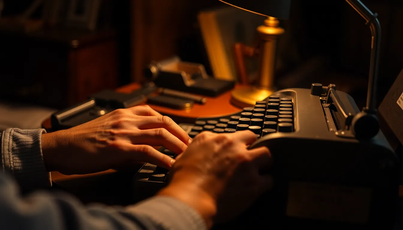 A writer is captured in their creative process, fingers delicately typing on a vintage typewriter illuminated by a warm desk lamp. The scene is rich with detail, showcasing the intricate textures of the antique desk and the smooth surface of the typewriter. Earthy tones with warm highlights create a cozy, inviting atmosphere, encouraging a sense of nostalgia and inspiration in the workspace. This image celebrates the art of writing in a charming setting.