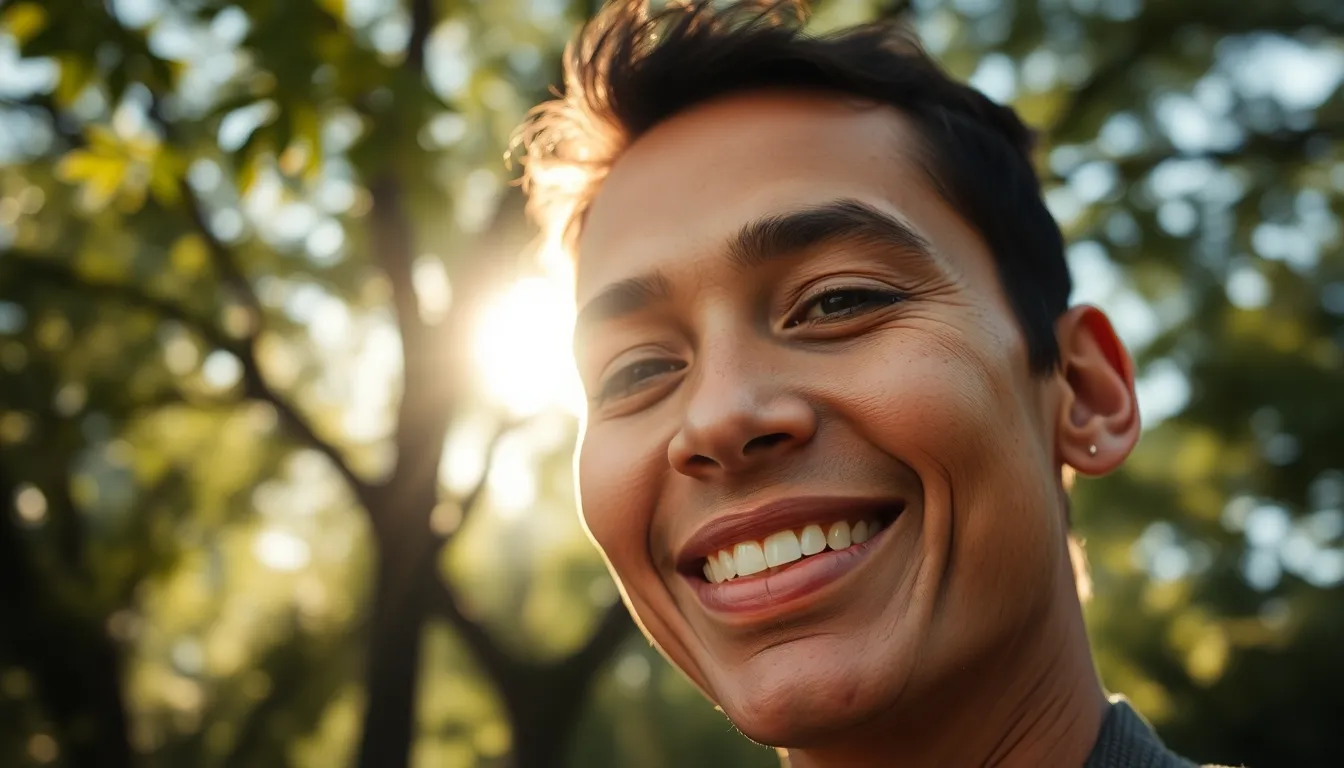 A close-up portrait of a smiling freelancer outdoors, surrounded by a serene natural environment. Dappled sunlight filters through overhead leaves, creating a beautiful bokeh effect that accentuates their joyful expression. The image captures natural muted tones, emphasizing the warm earthy colors of the scene. The use of shallow depth of field draws attention to their facial features, highlighting skin texture and authenticity.