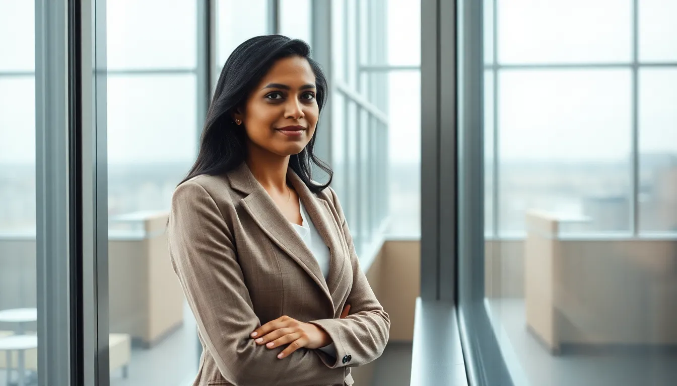 Inside a contemporary office, a South Asian woman stands confidently by a large window, engaged in a video call. The soft, diffused daylight from the overcast sky filters through, casting gentle light throughout the room and highlighting her professional attire. This composition emphasizes her focus and determination while the sleek design of the office creates an atmosphere of modern professionalism. Muted earth tones add to the calm and serious mood of the scene, reflecting the dedication of a modern worker.