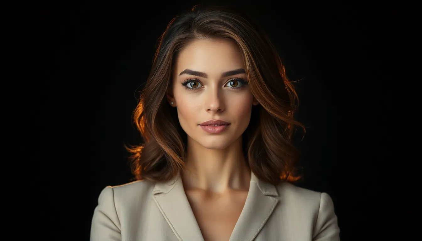 A professional woman poses confidently in a studio, surrounded by a sophisticated three-point lighting setup that softly highlights her features and creates separation. Wearing a tailored blazer, her expression is calm yet assertive. The rich textures of her clothing and the glossy surface beneath her feet enhance the polished, professional look. The muted tones create a dramatic contrast against the dark backdrop, emphasizing her as the focal point.