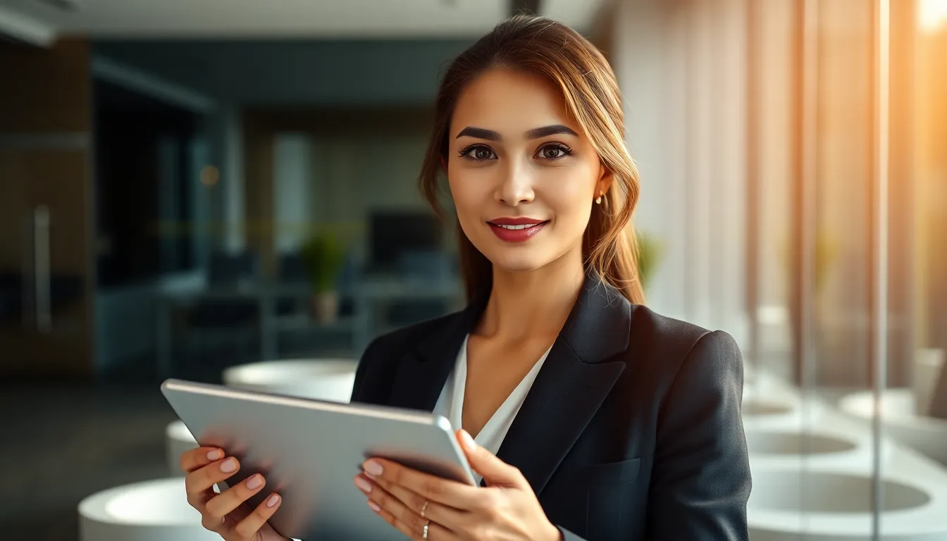 This portrait captures a confident businesswoman presenting a digital tablet in a sleek, modern office setting. The warm rim lighting and soft fill enhance her features, while the medium format clarity brings out the details in her business attire. The blurred background of glass walls and contemporary furniture contributes to a professional atmosphere, making this image ideal for corporate and lifestyle themes.