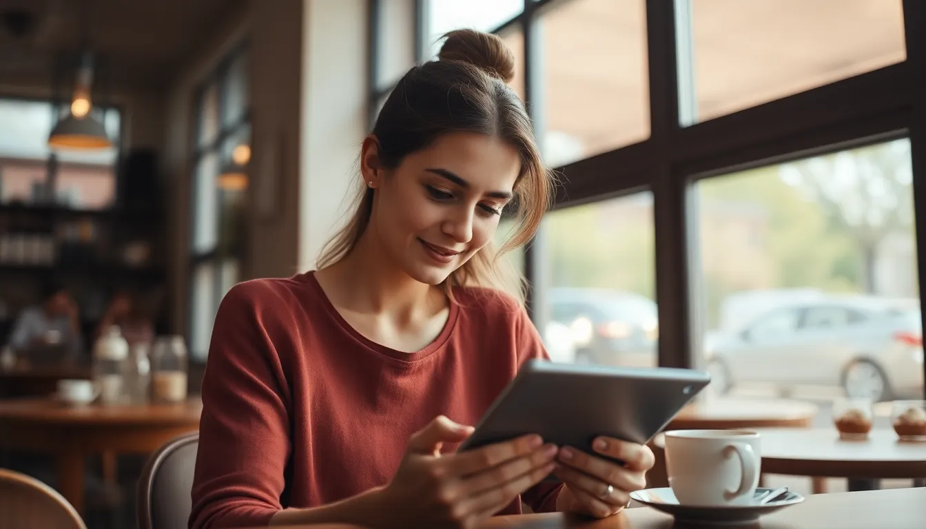 Woman Working at Cozy Café on Tablet This candid image showcases a woman immersed in her work on a tablet at a cozy café. The scene is bathed in soft, diffused natural light from large windows, creating an inviting atmosphere that draws viewers in. Her engaged expression reflects concentration and creativity amidst a warm, muted color palette. The shallow depth of field emphasizes her presence while the background fades into a soft bokeh of café elements, conveying a sense of comfort and productivity in a lively social setting.