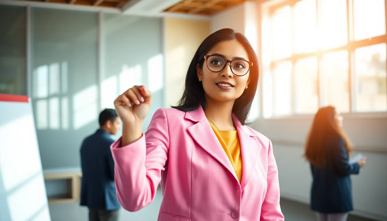 In a bright conference room, a young South Asian woman passionately brainstorms ideas on a whiteboard. Natural light floods in from expansive windows, illuminating her colorful structured outfit. The soft focus creates a dreamy effect around her, while her determined expression remains crystal clear. The rule of thirds composition positions her dynamically, enhancing the sense of creativity and collaboration in the space. The vibrant colors reflect an energetic and productive mood.