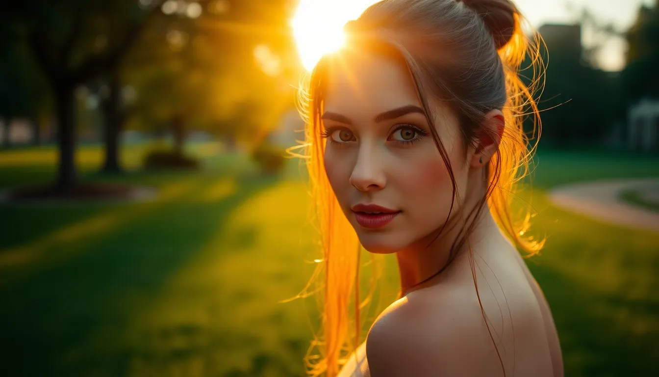 A creative professional sits cross-legged on the grass, typing notes in a notebook during the golden hour. The warm sunlight creates a beautiful rim light around them, while the surrounding flowers and trees provide a vibrant backdrop. With a cinematic teal and orange color grading, this image captures the essence of inspiration and tranquility. The focus on their eyes conveys determination and creativity in a serene outdoor setting.